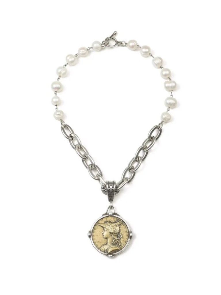 French Kande Necklace: Pearl, Silver, Bronze